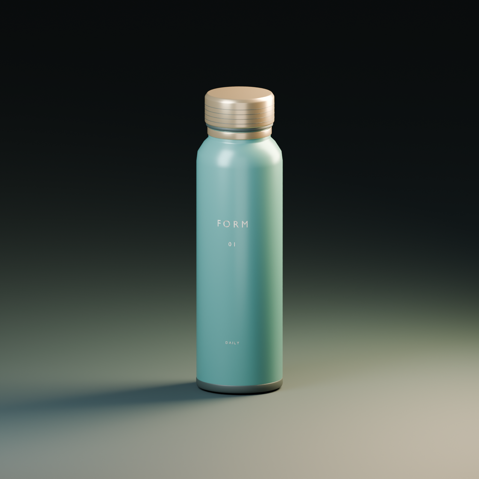 FORM 01 teal bottle with a brushed gold cap in sculptural studio lighting